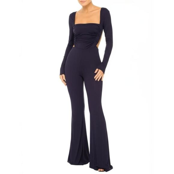 NWT Womens Jumpsuit Size L Dark Blue Ruched Square Neck Back Cutout Chic - Picture 1 of 9